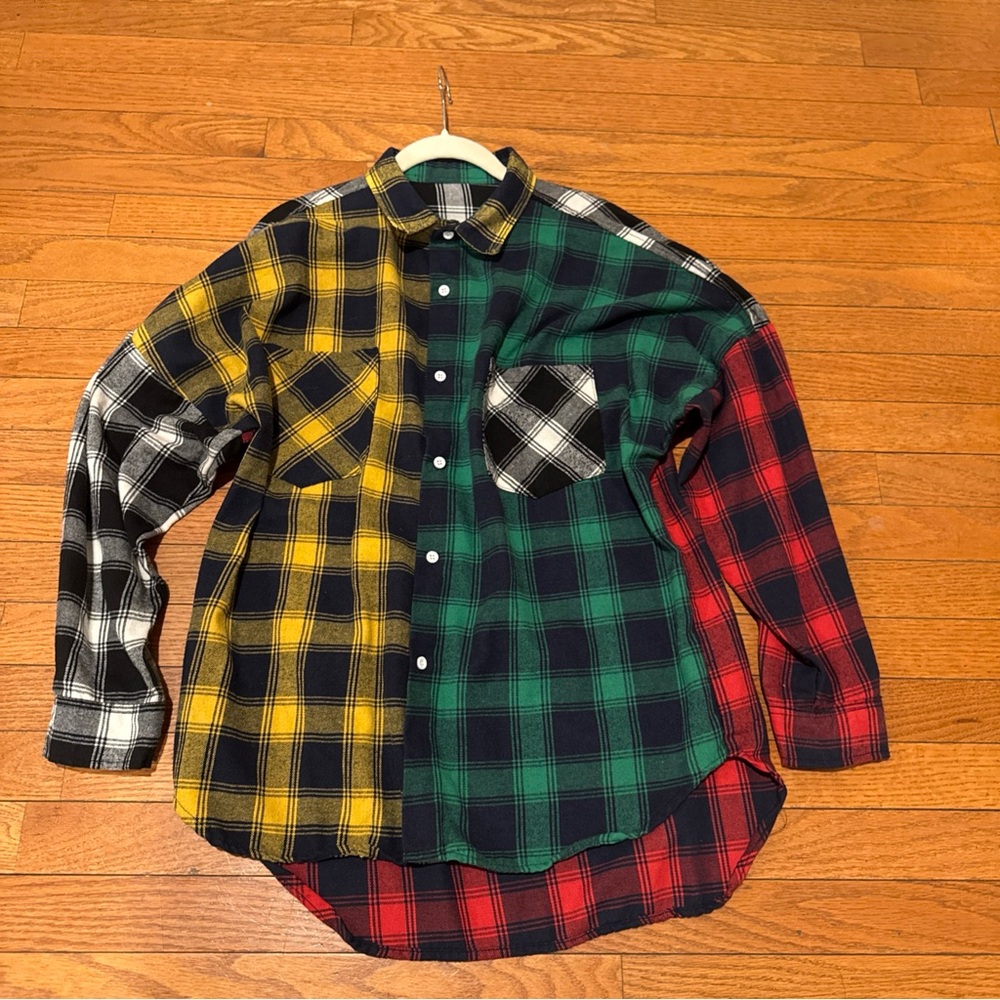 Unbranded Large Patchwork Flannel Shirt Multicolor Plaid Button Down